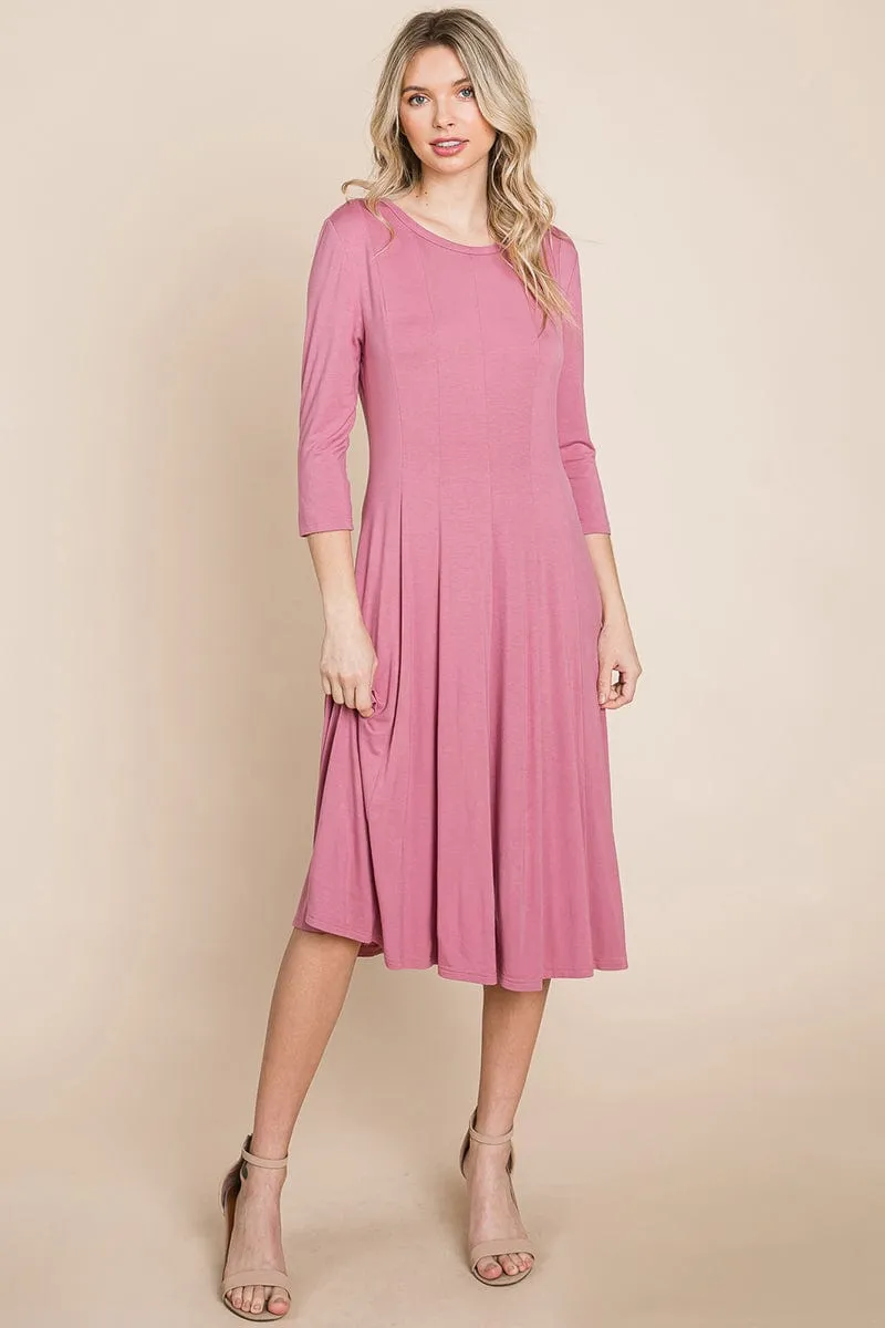 Pleated 3/4 Sleeve A line Flare Midi Jersey Dress