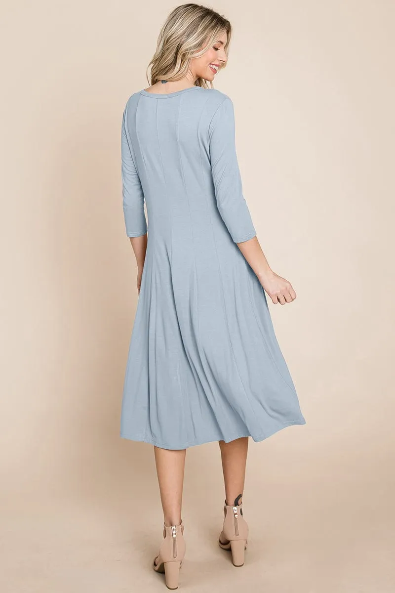 Pleated 3/4 Sleeve A line Flare Midi Jersey Dress