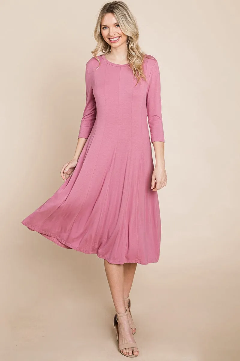 Pleated 3/4 Sleeve A line Flare Midi Jersey Dress