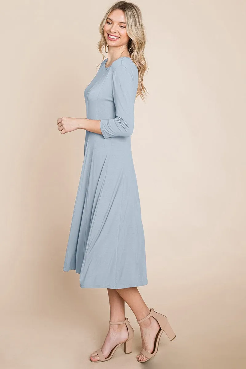 Pleated 3/4 Sleeve A line Flare Midi Jersey Dress