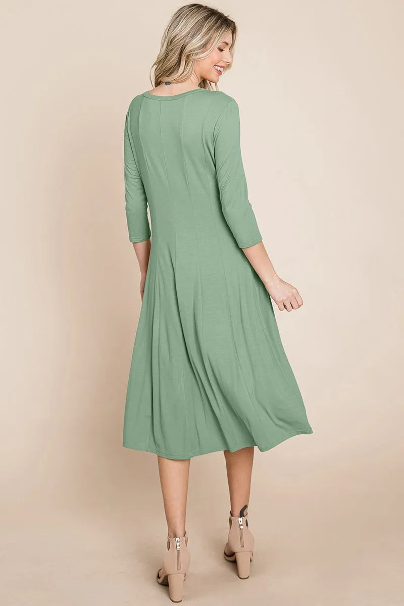 Pleated 3/4 Sleeve A line Flare Midi Jersey Dress