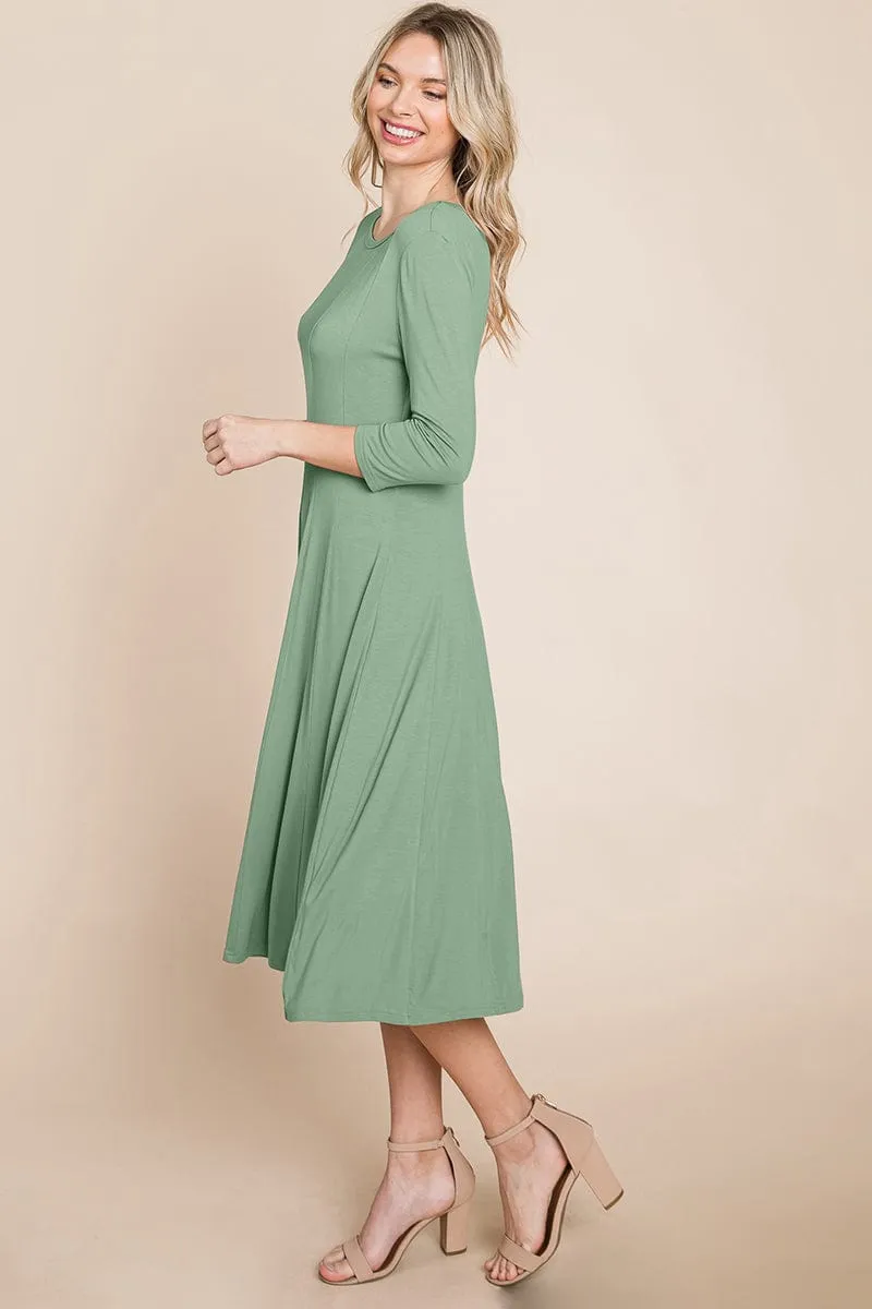 Pleated 3/4 Sleeve A line Flare Midi Jersey Dress