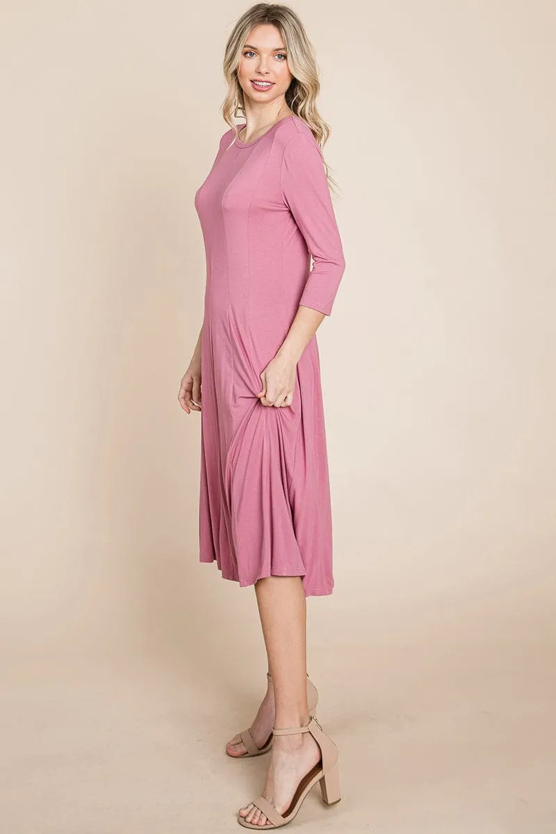 Pleated 3/4 Sleeve A line Flare Midi Jersey Dress