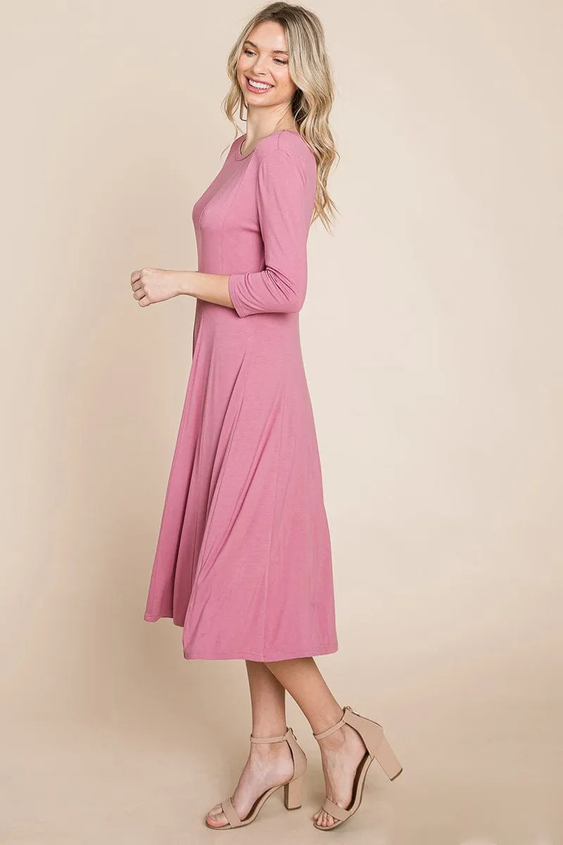 Pleated 3/4 Sleeve A line Flare Midi Jersey Dress