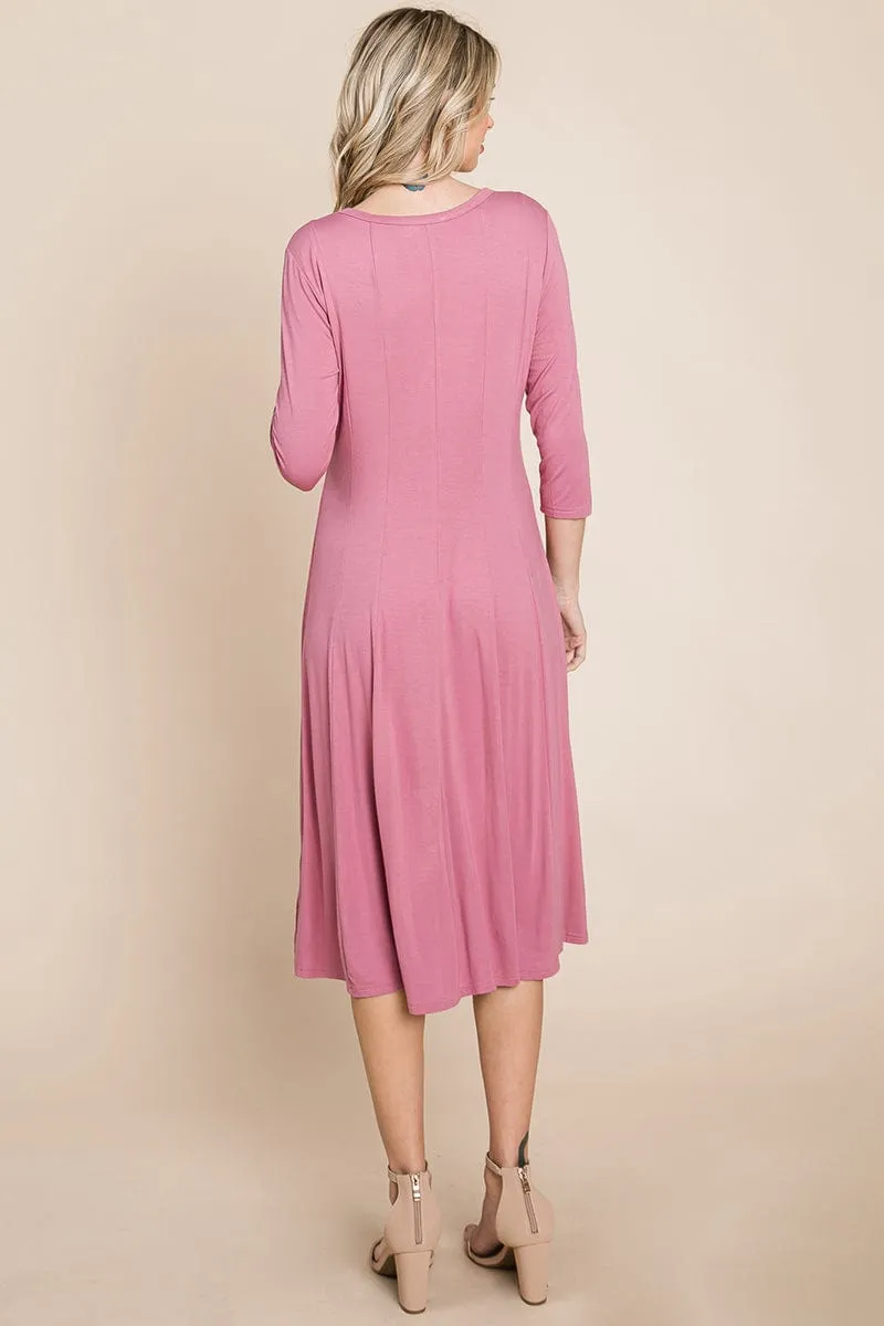 Pleated 3/4 Sleeve A line Flare Midi Jersey Dress