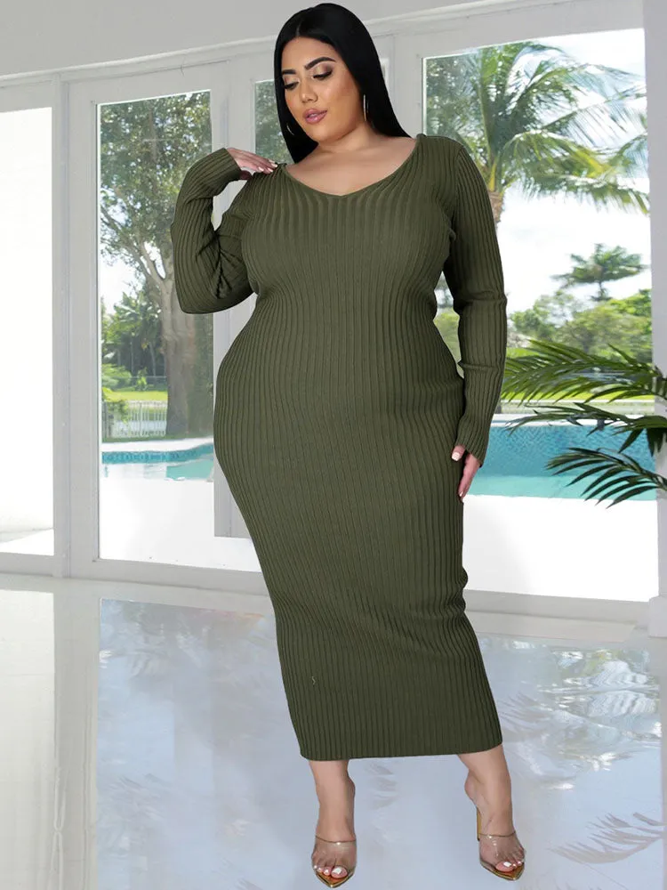 Plus Size Ribbed Long Sleeves Midi Dresses