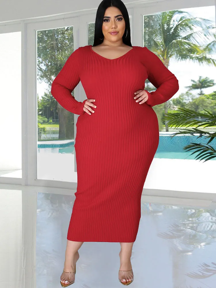 Plus Size Ribbed Long Sleeves Midi Dresses