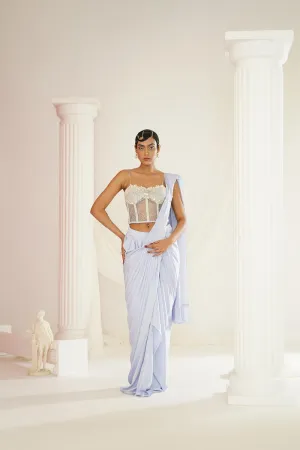 Powder Blue Embroidered Corset Blouse With
 Ready To Wear Drape Saree Set