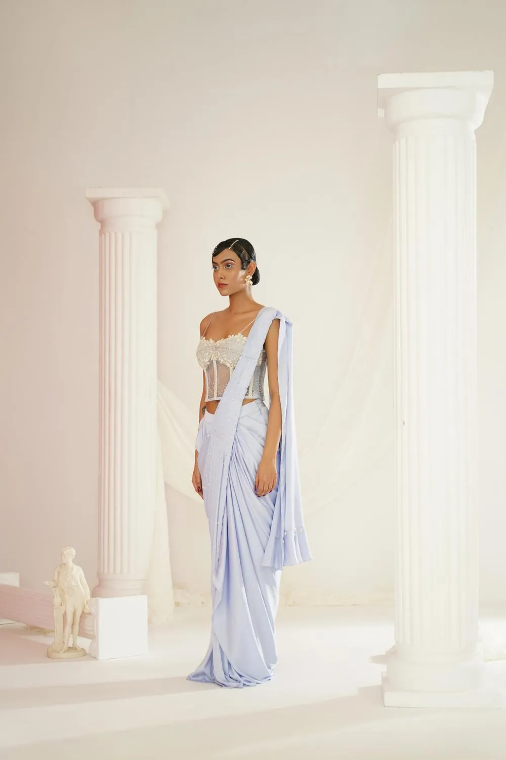 Powder Blue Embroidered Corset Blouse With
 Ready To Wear Drape Saree Set