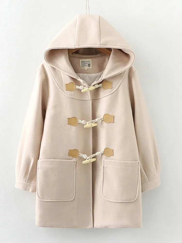 Purple Solid Warm Wool Blends Long Hooded Coat Straight Women Horn Button  Casual Female Warmness Outwear