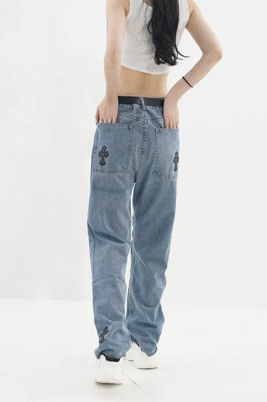 PY612 Vintage Embroidered Straight Leg Jeans