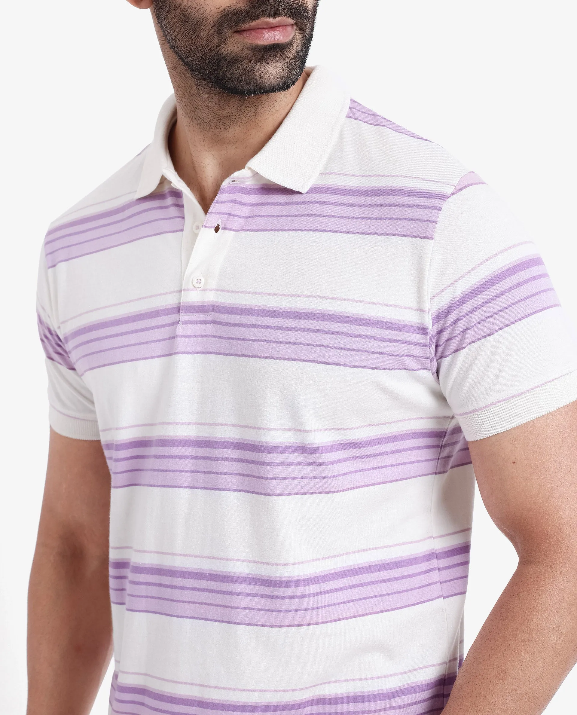 Rare Rabbit Men's Verdun Beige Cotton Fabric Half Sleeves Striped Polo T-Shirt