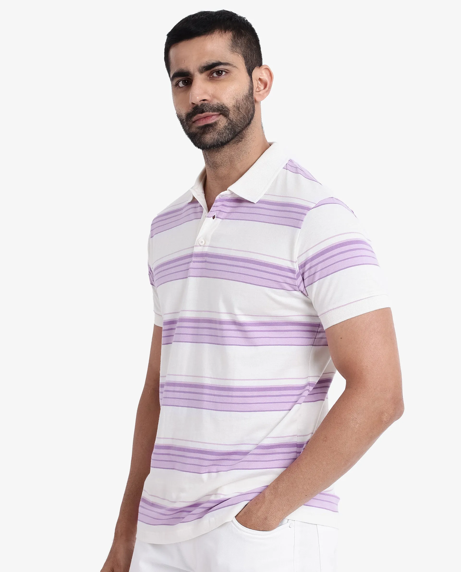 Rare Rabbit Men's Verdun Beige Cotton Fabric Half Sleeves Striped Polo T-Shirt