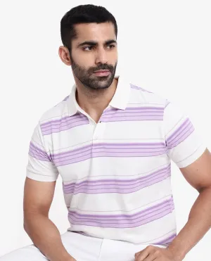 Rare Rabbit Men's Verdun Beige Cotton Fabric Half Sleeves Striped Polo T-Shirt