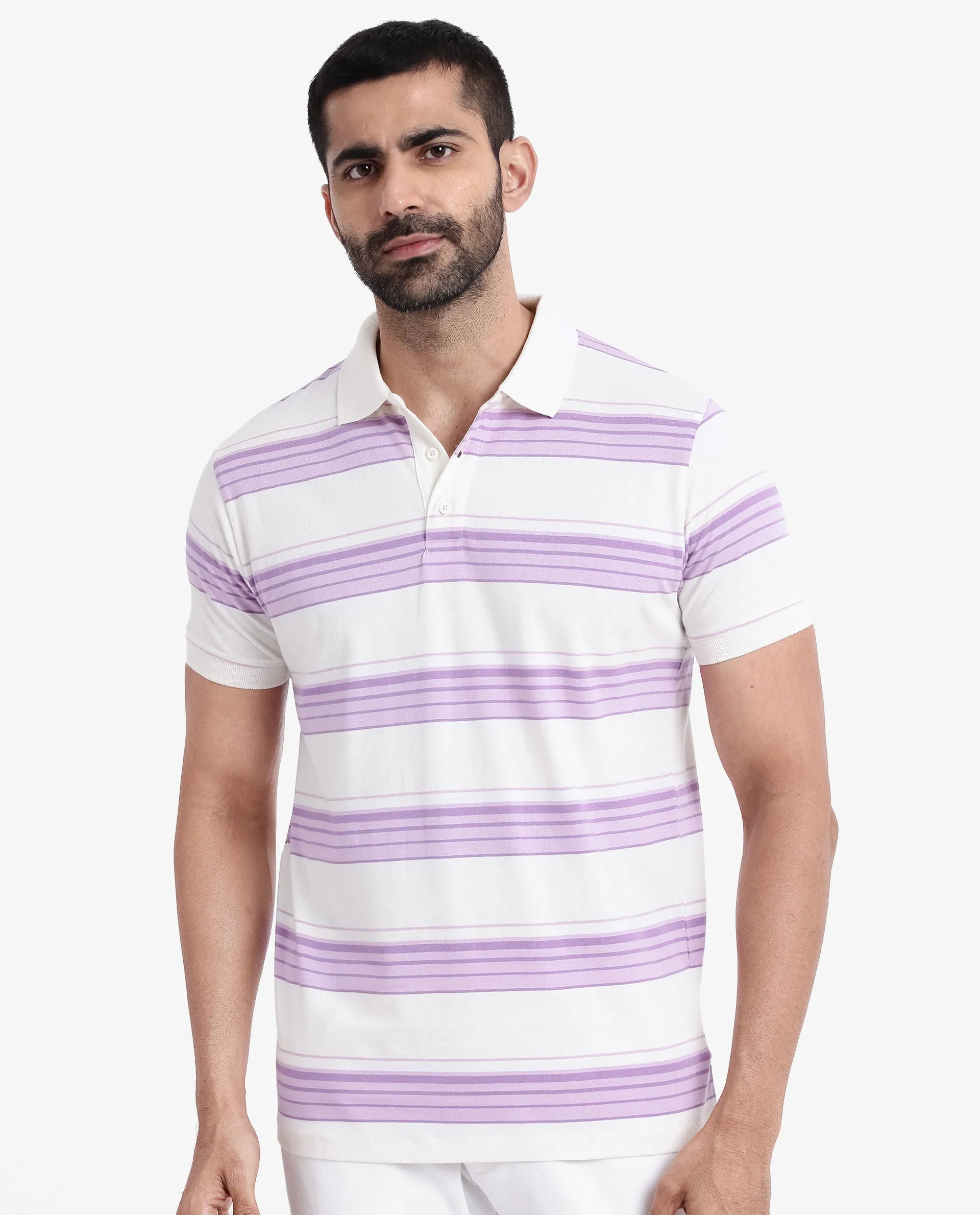 Rare Rabbit Men's Verdun Beige Cotton Fabric Half Sleeves Striped Polo T-Shirt