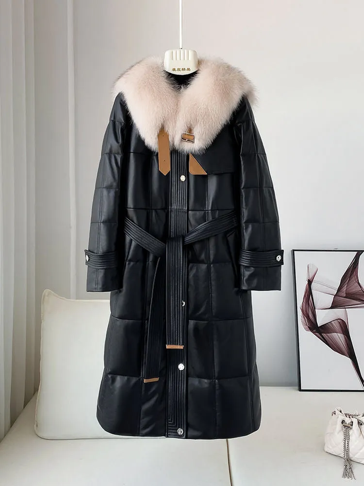 Real Fur Collar Quilted Down Lamb Leather Coat