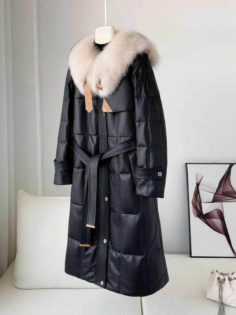 Real Fur Collar Quilted Down Lamb Leather Coat