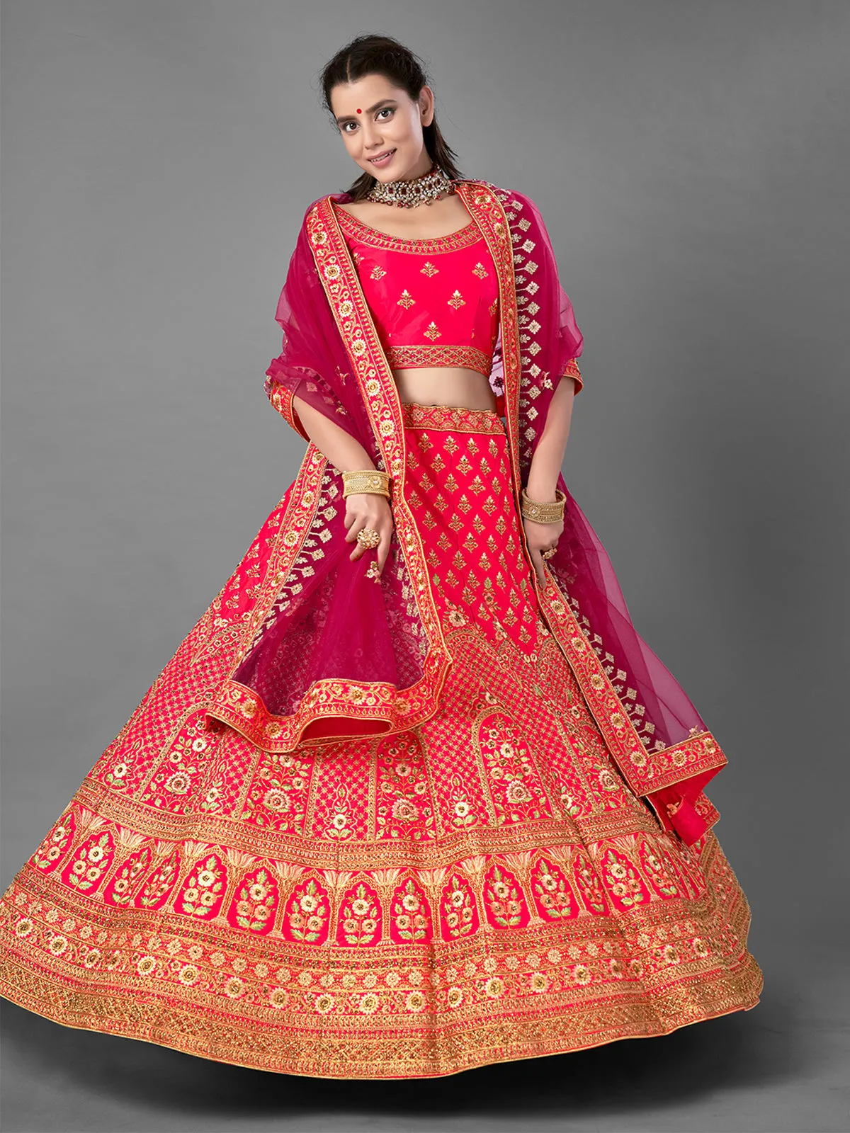 Red Satin Embroidered Semi Stitched Lehenga With Unstitched Blouse