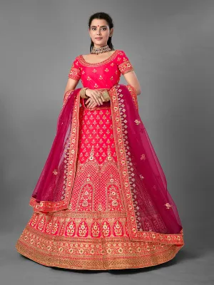 Red Satin Embroidered Semi Stitched Lehenga With Unstitched Blouse