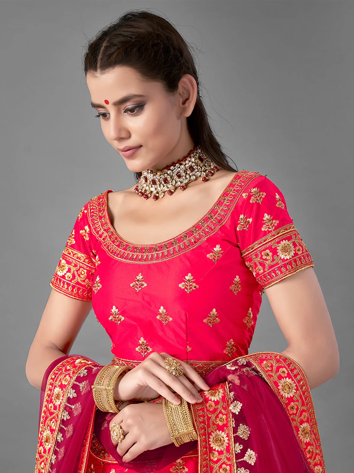 Red Satin Embroidered Semi Stitched Lehenga With Unstitched Blouse