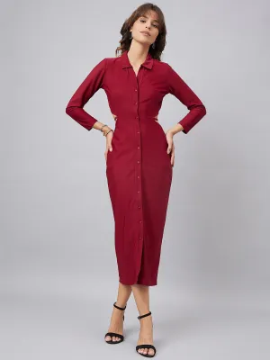 Red Solid Shirt Collar Sheath Midi Dress