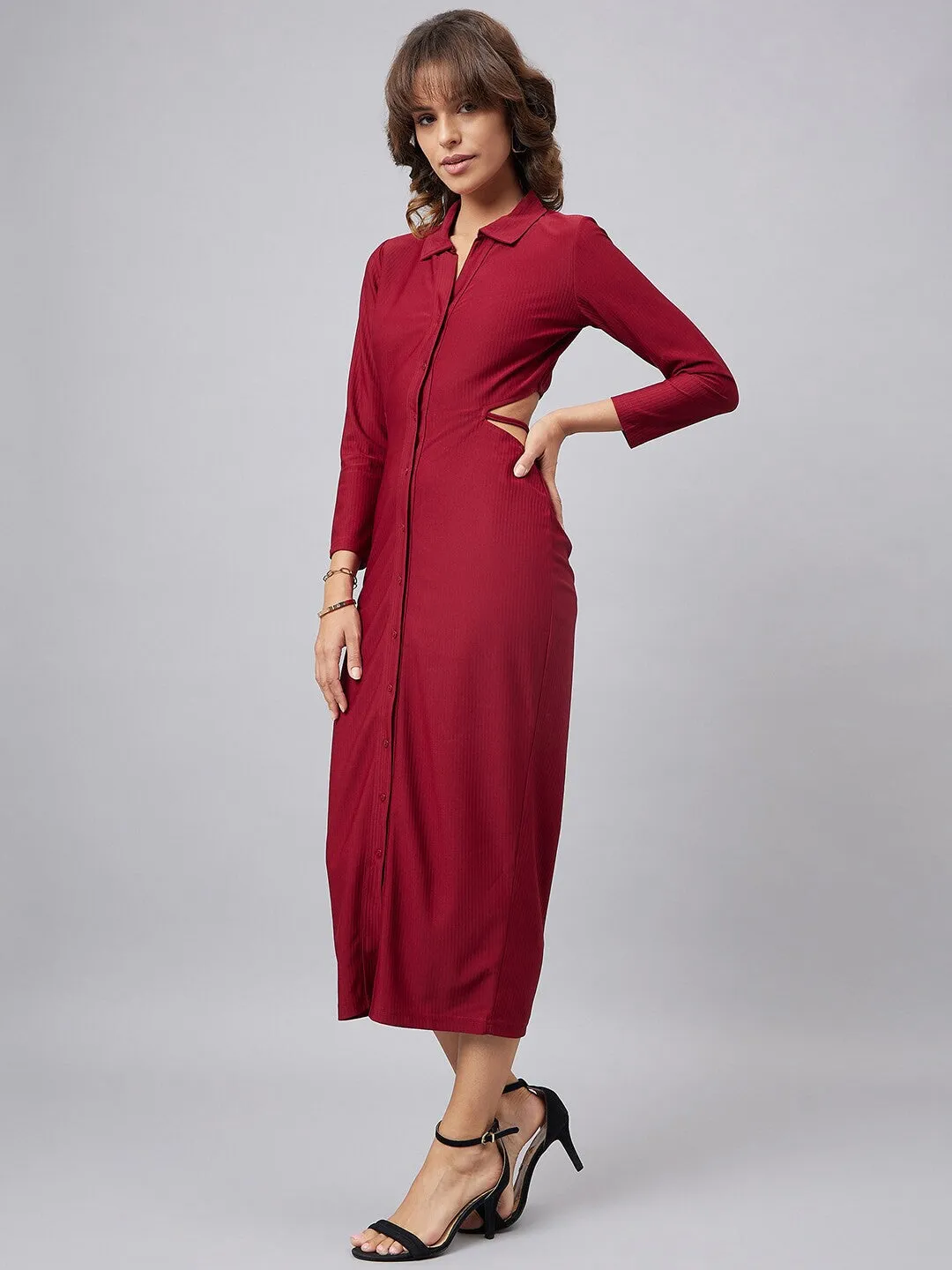 Red Solid Shirt Collar Sheath Midi Dress