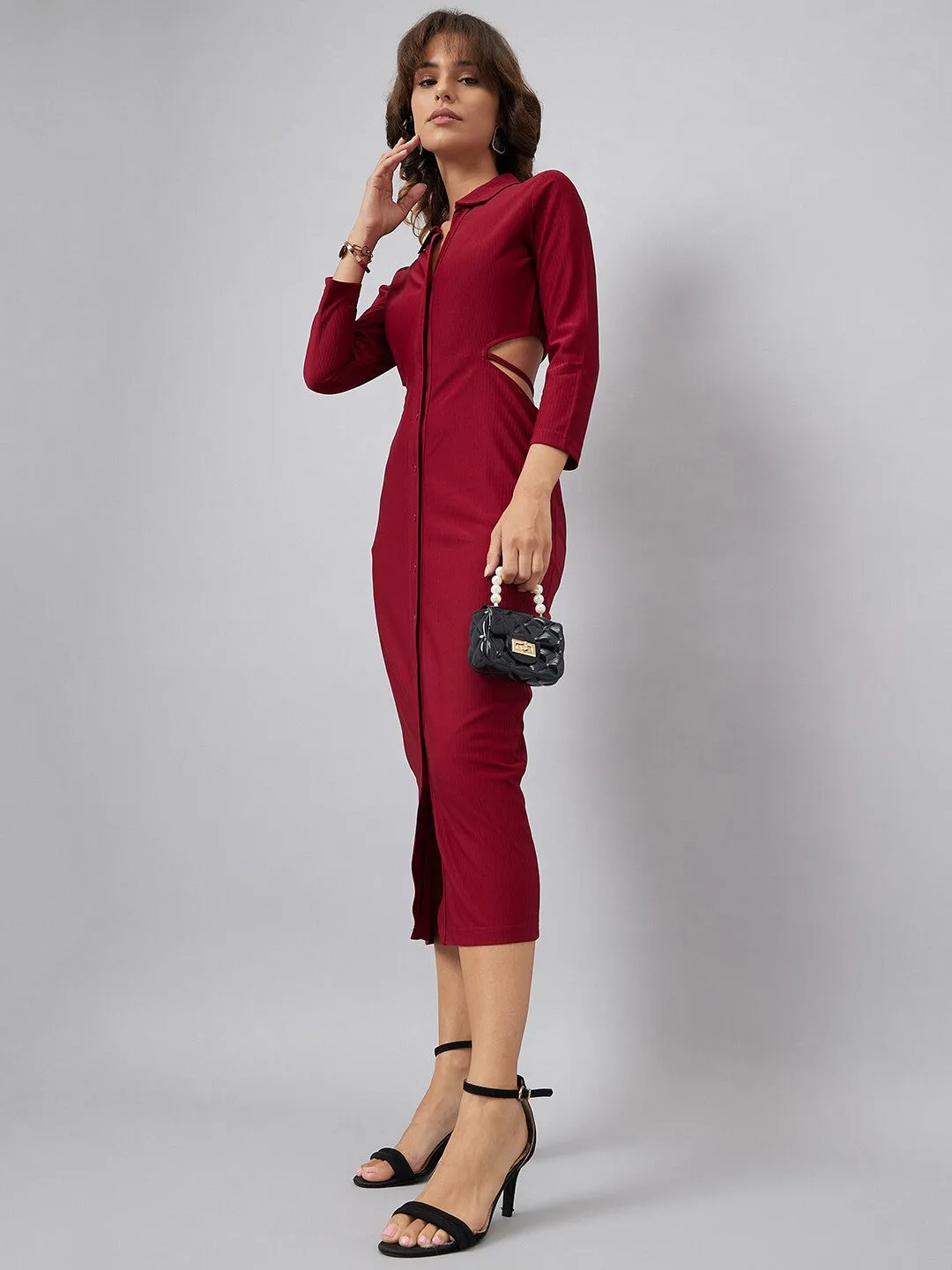 Red Solid Shirt Collar Sheath Midi Dress