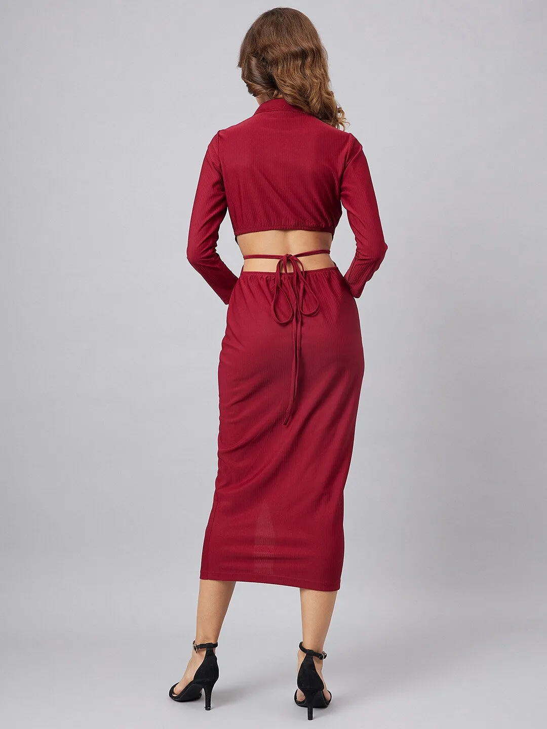 Red Solid Shirt Collar Sheath Midi Dress