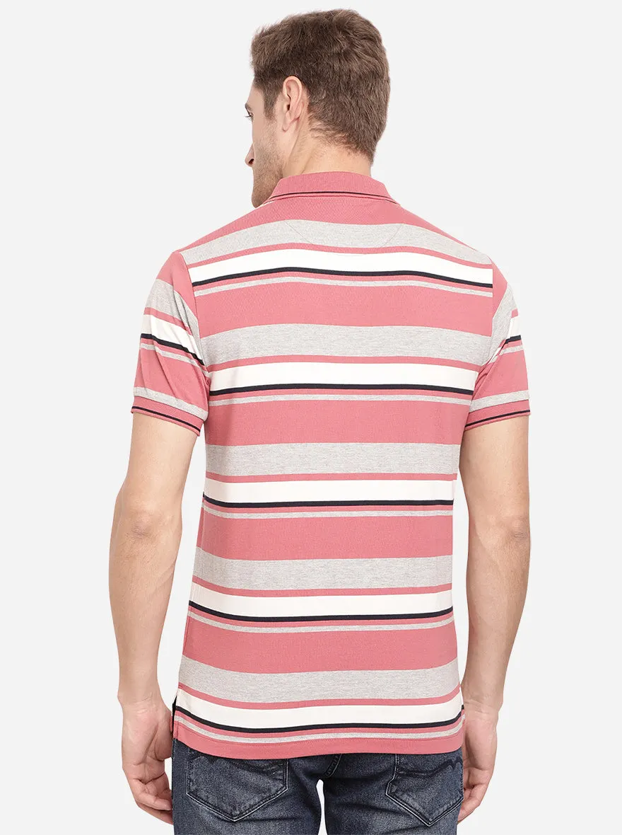 Rose Pink Striped Slim Fit Polo T-Shirt | Greenfibre