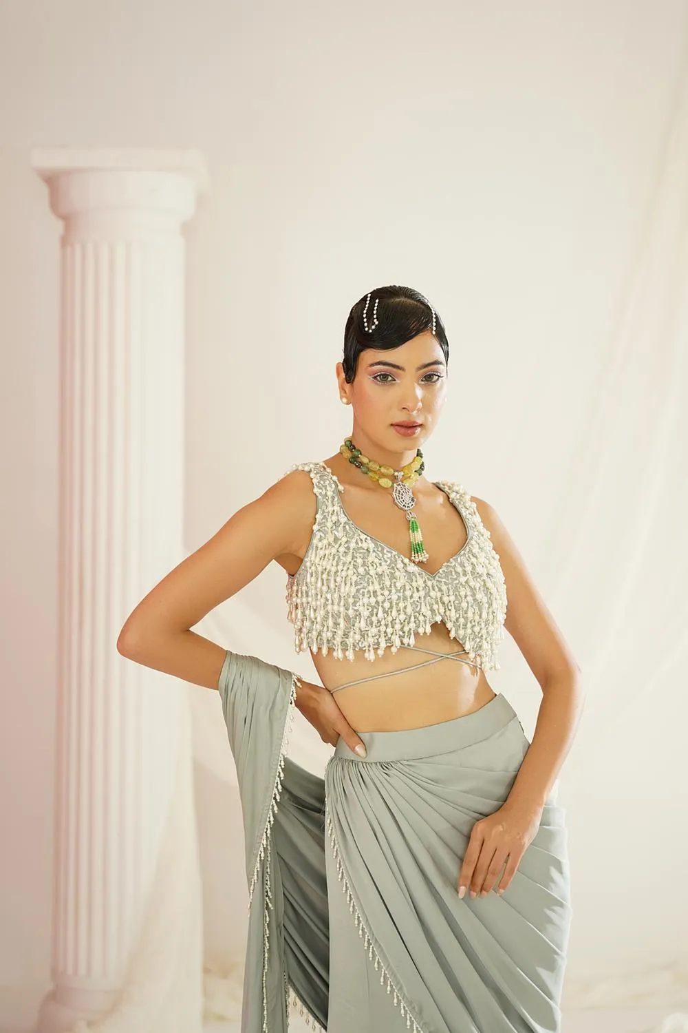 Sage Green Embroidered Blouse With
 Ready To Wear Drape Saree Set