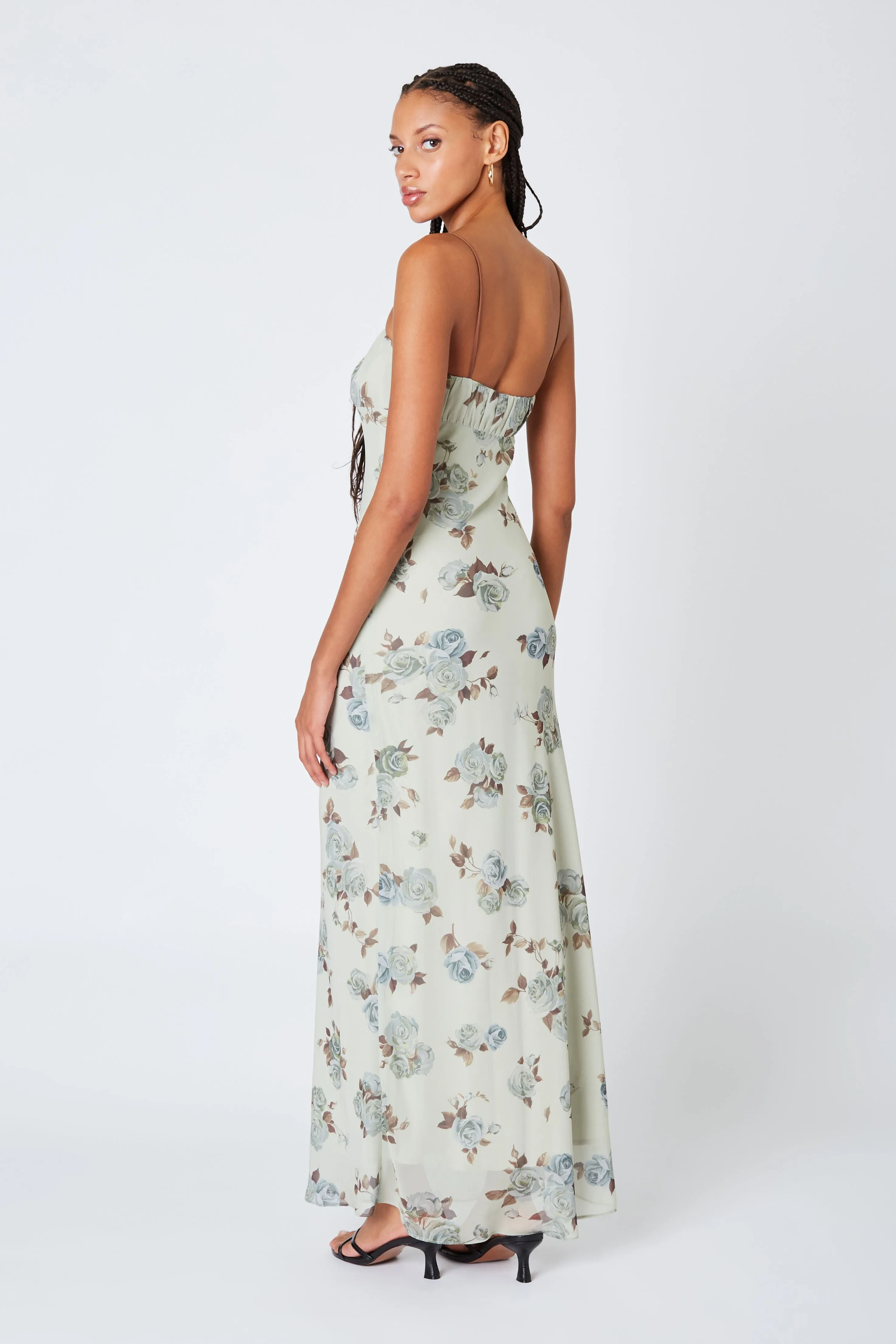 Sarah Rose Floral Print Milkmaid Maxi Mesh Dress - Sage