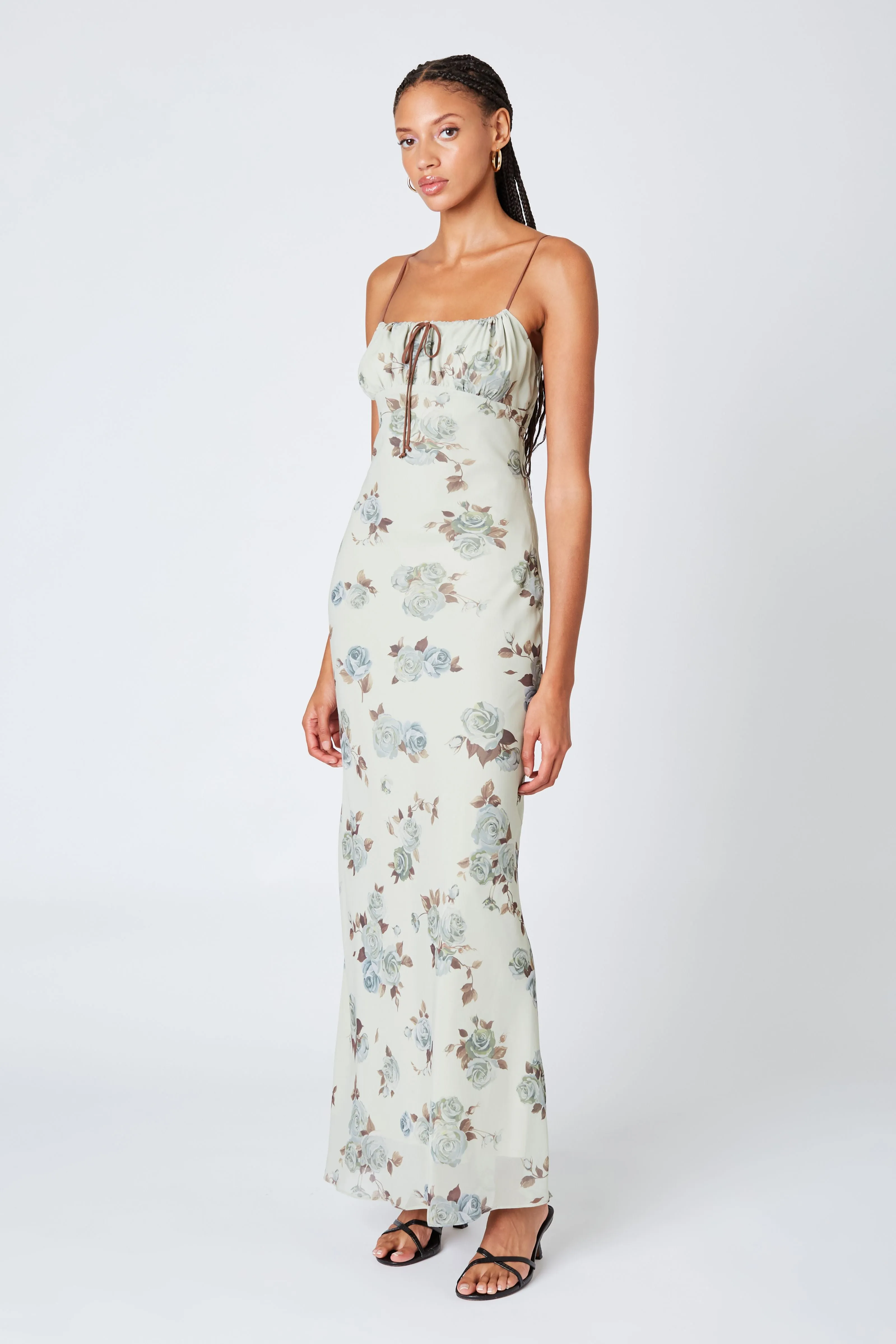 Sarah Rose Floral Print Milkmaid Maxi Mesh Dress - Sage