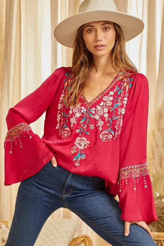 Savanna Jane Embroidered Boho Blouse - Dark Cherry