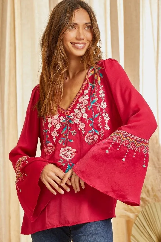 Savanna Jane Embroidered Boho Blouse - Dark Cherry