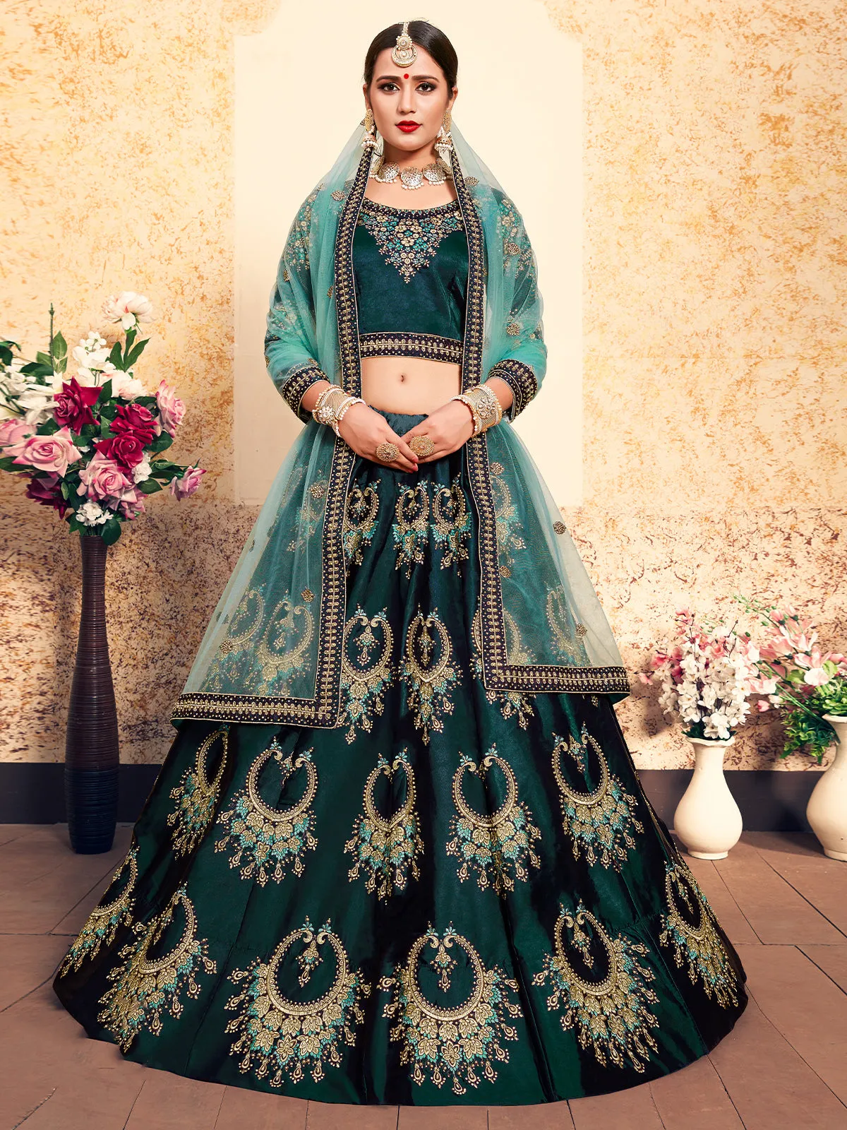 Semi Stitched Green Embroidered Lehenga Choli