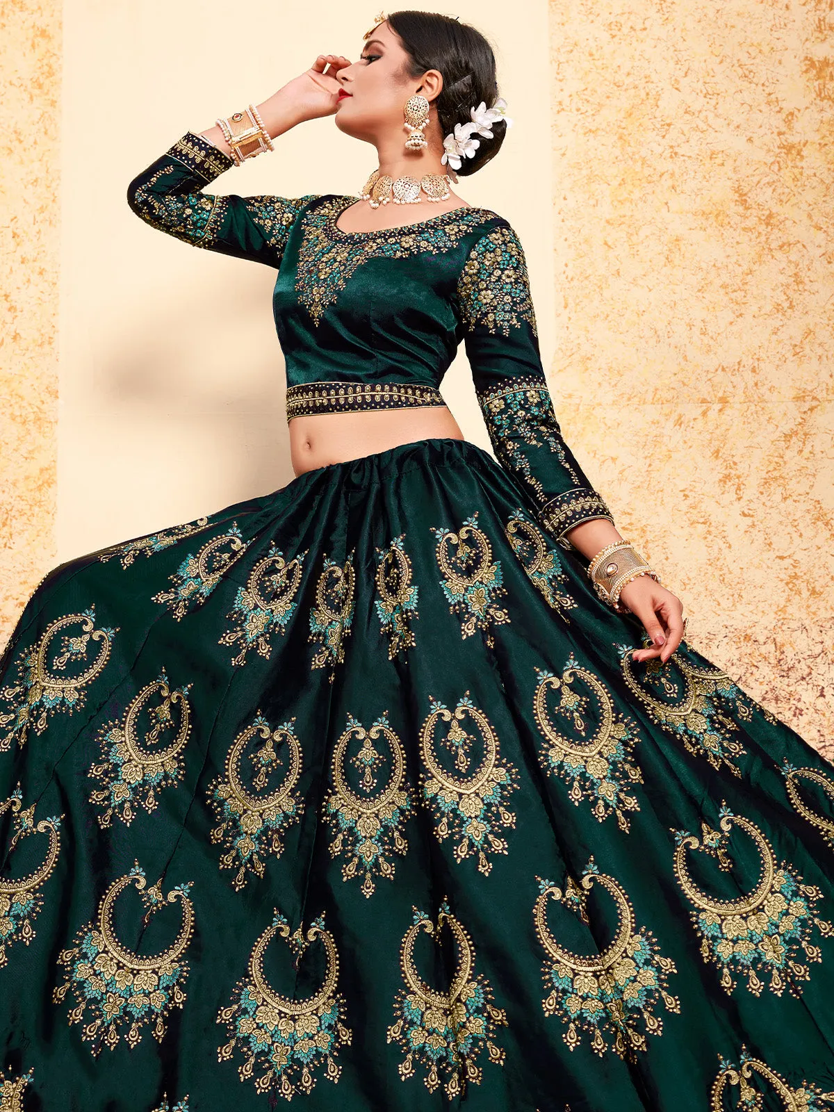 Semi Stitched Green Embroidered Lehenga Choli