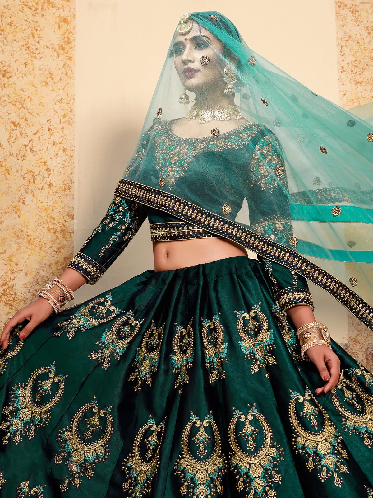 Semi Stitched Green Embroidered Lehenga Choli