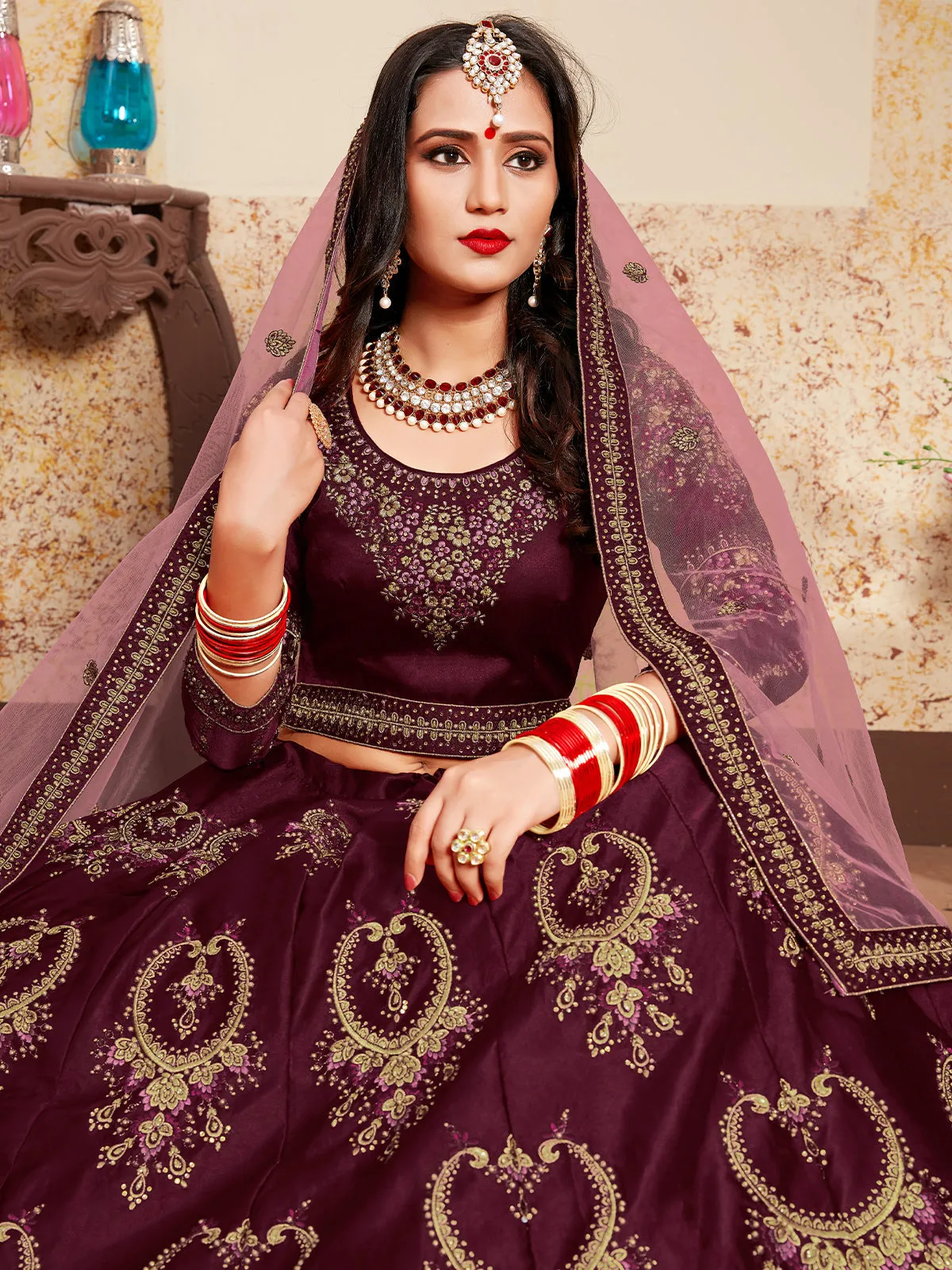 Soft Net Maroon Semi Stitched Lehenga With Unstitched Blouse