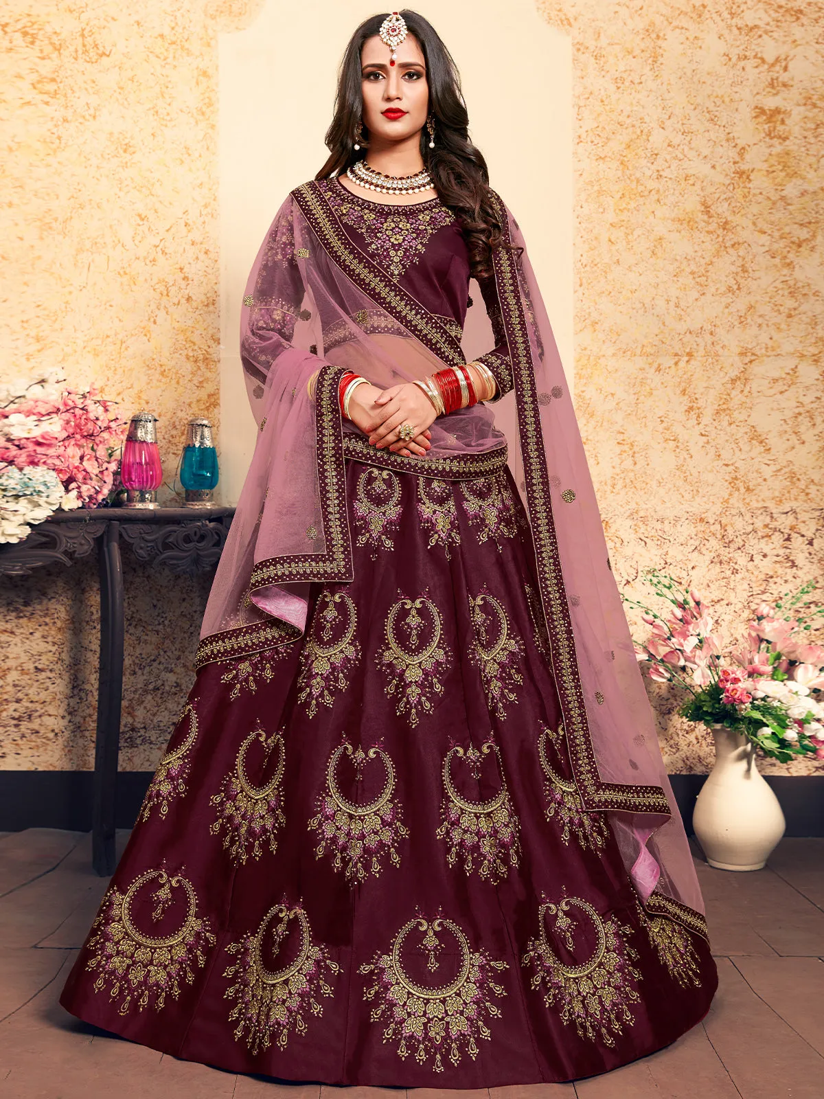 Soft Net Maroon Semi Stitched Lehenga With Unstitched Blouse