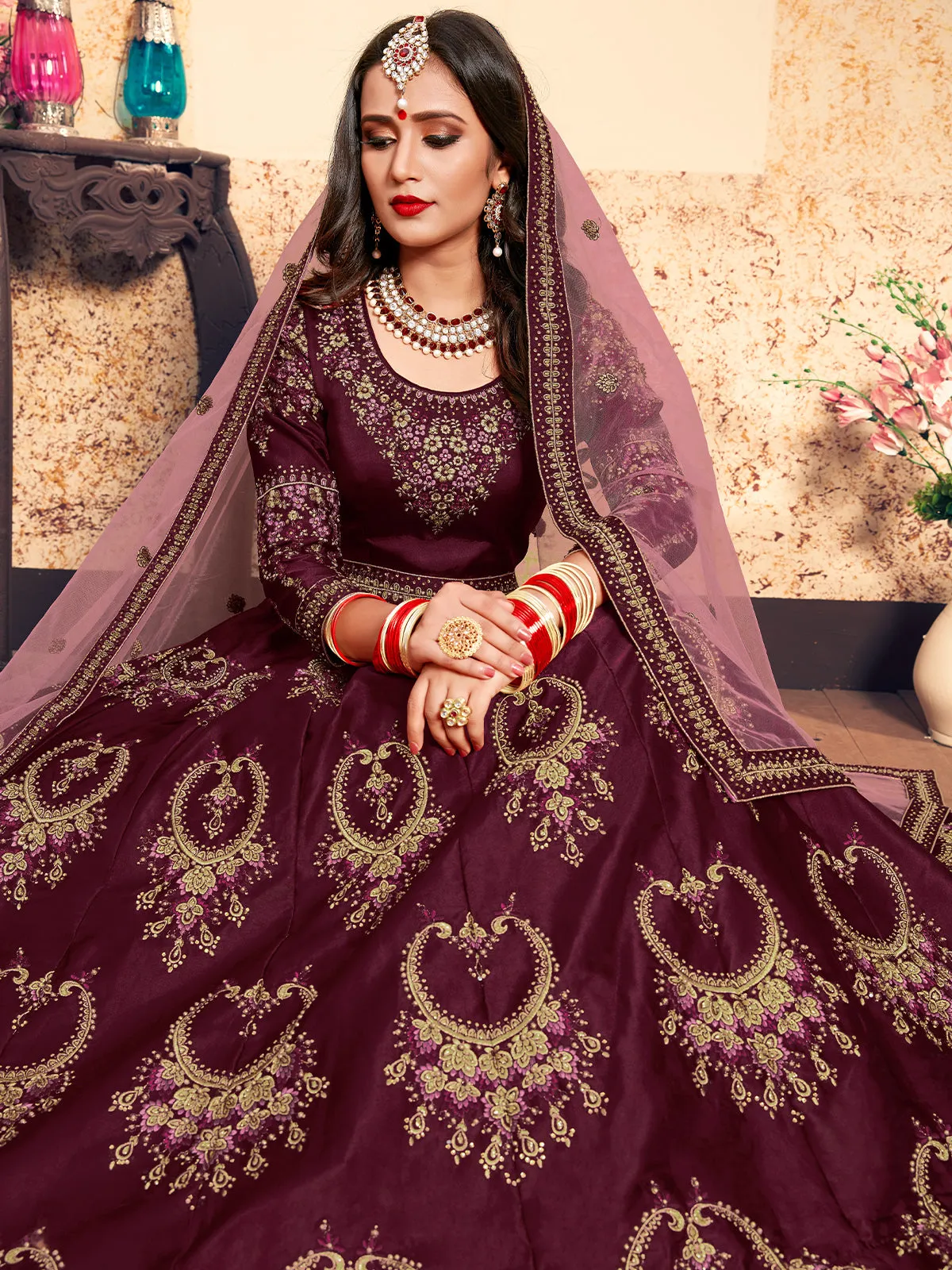 Soft Net Maroon Semi Stitched Lehenga With Unstitched Blouse