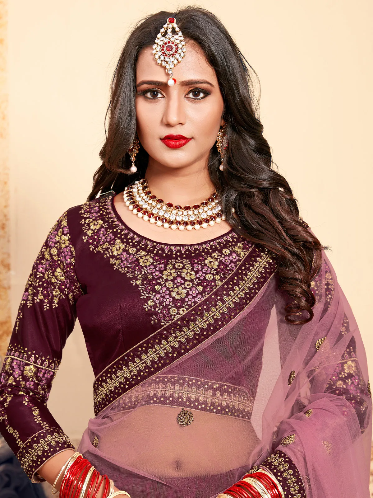 Soft Net Maroon Semi Stitched Lehenga With Unstitched Blouse