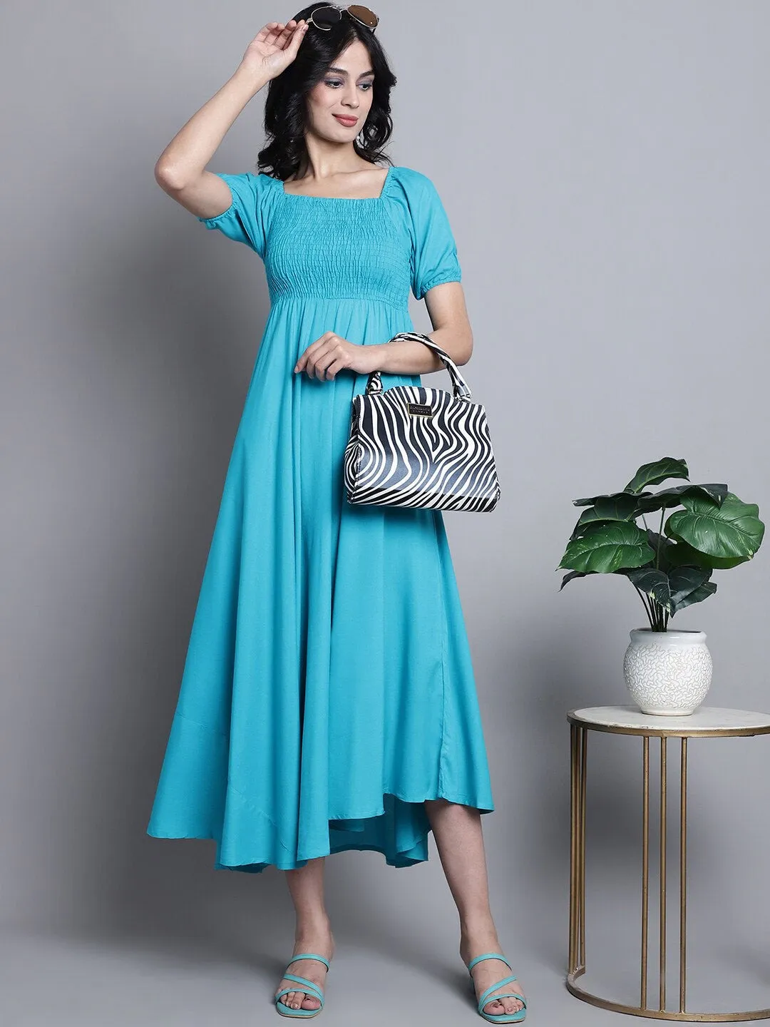 Solid Square Neck Short Sleeves Maxi Dress