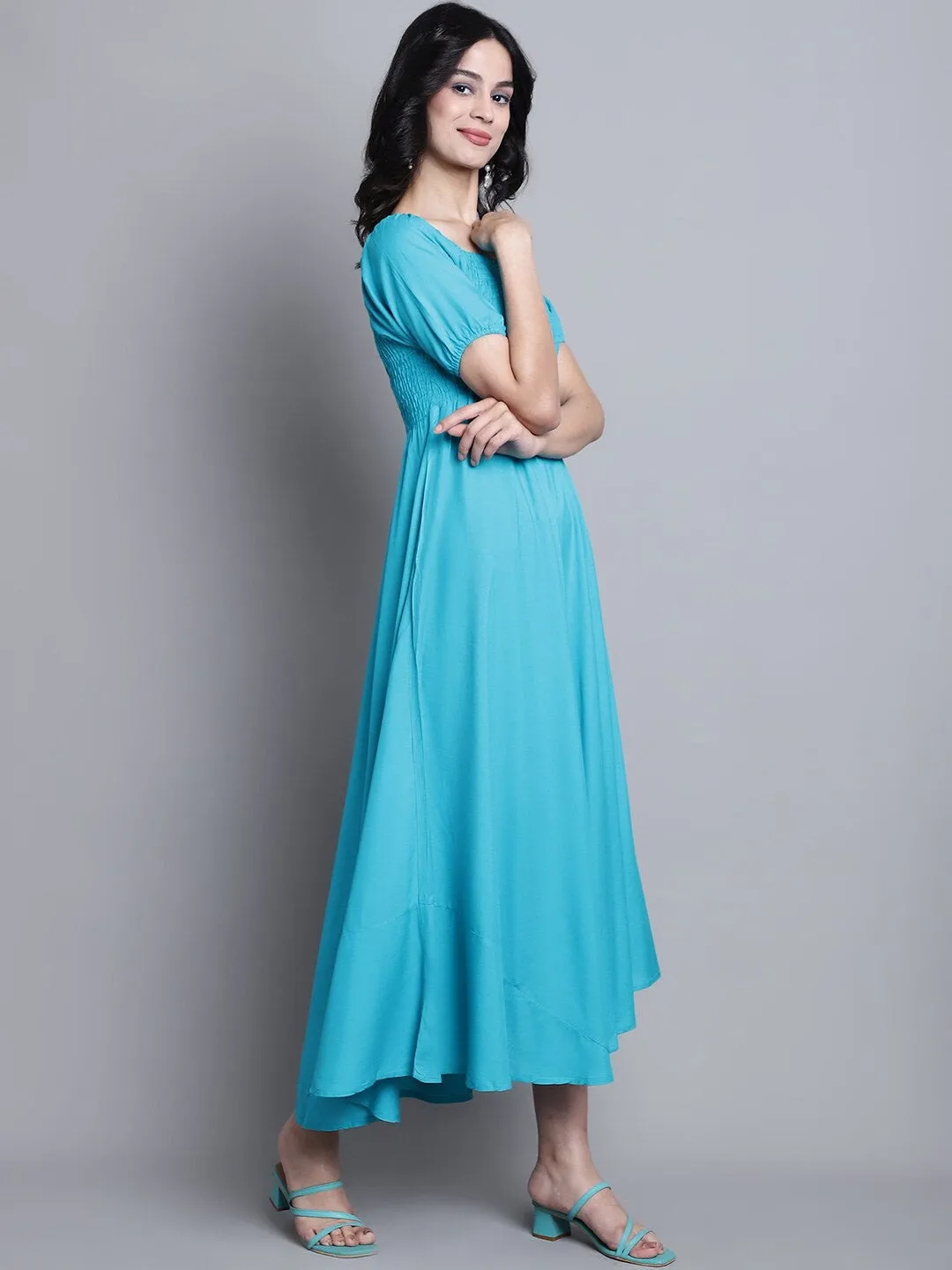 Solid Square Neck Short Sleeves Maxi Dress