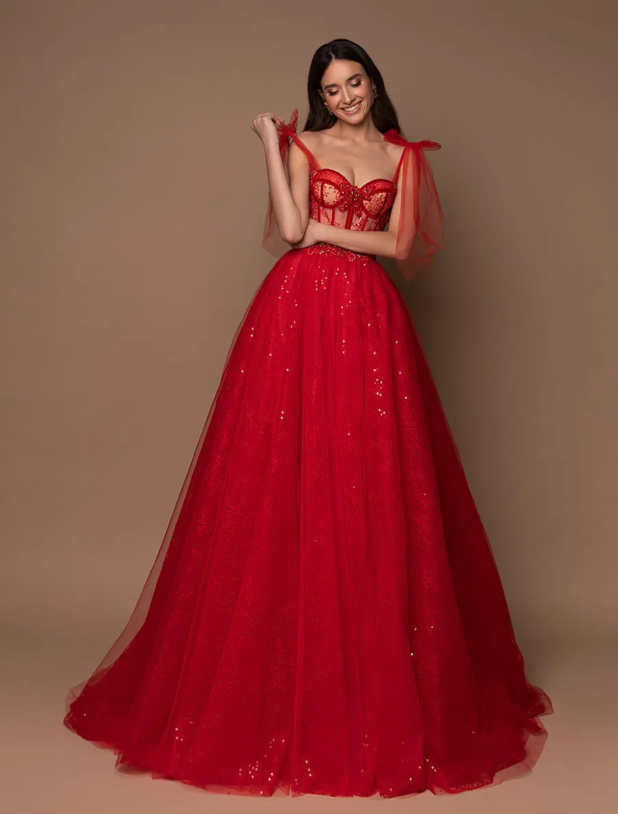 Sparkly Formal Ball Gown Evening Dress with Shoulder Bows