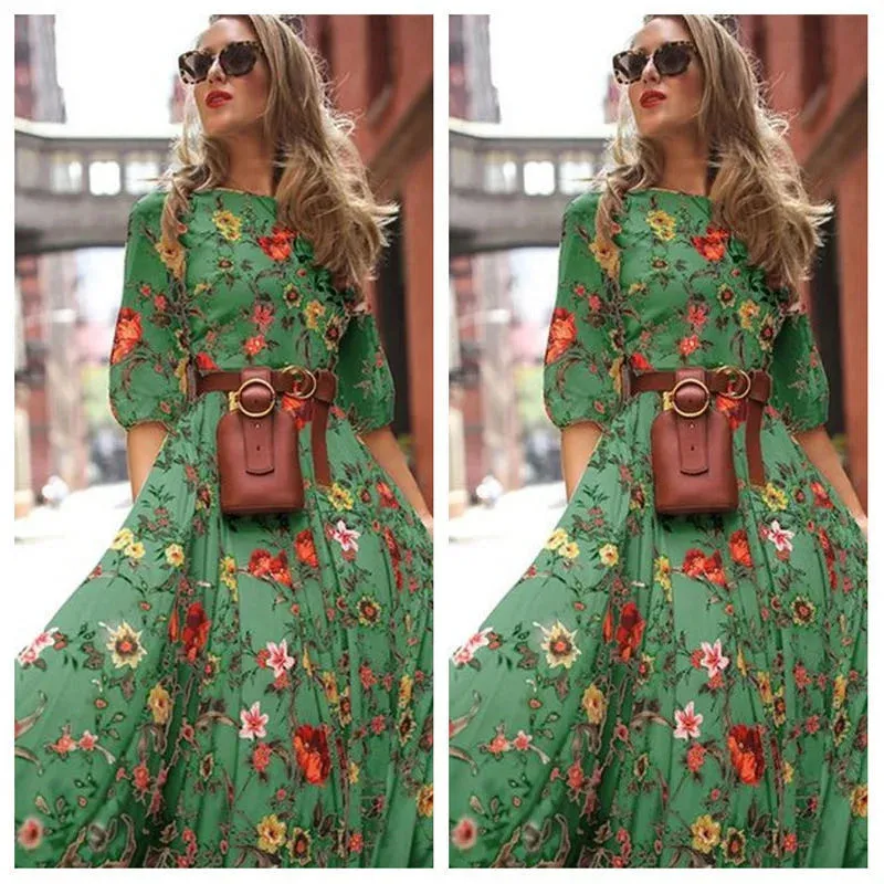 Spring Summer Vintage Flower Floral Print Maxi Dress Office Lady Fashion Elegant Long Sleeve O-neck Dresses For Women 2023