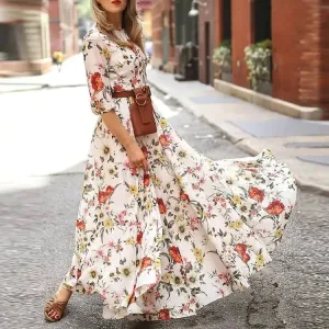 Spring Summer Vintage Flower Floral Print Maxi Dress Office Lady Fashion Elegant Long Sleeve O-neck Dresses For Women 2023