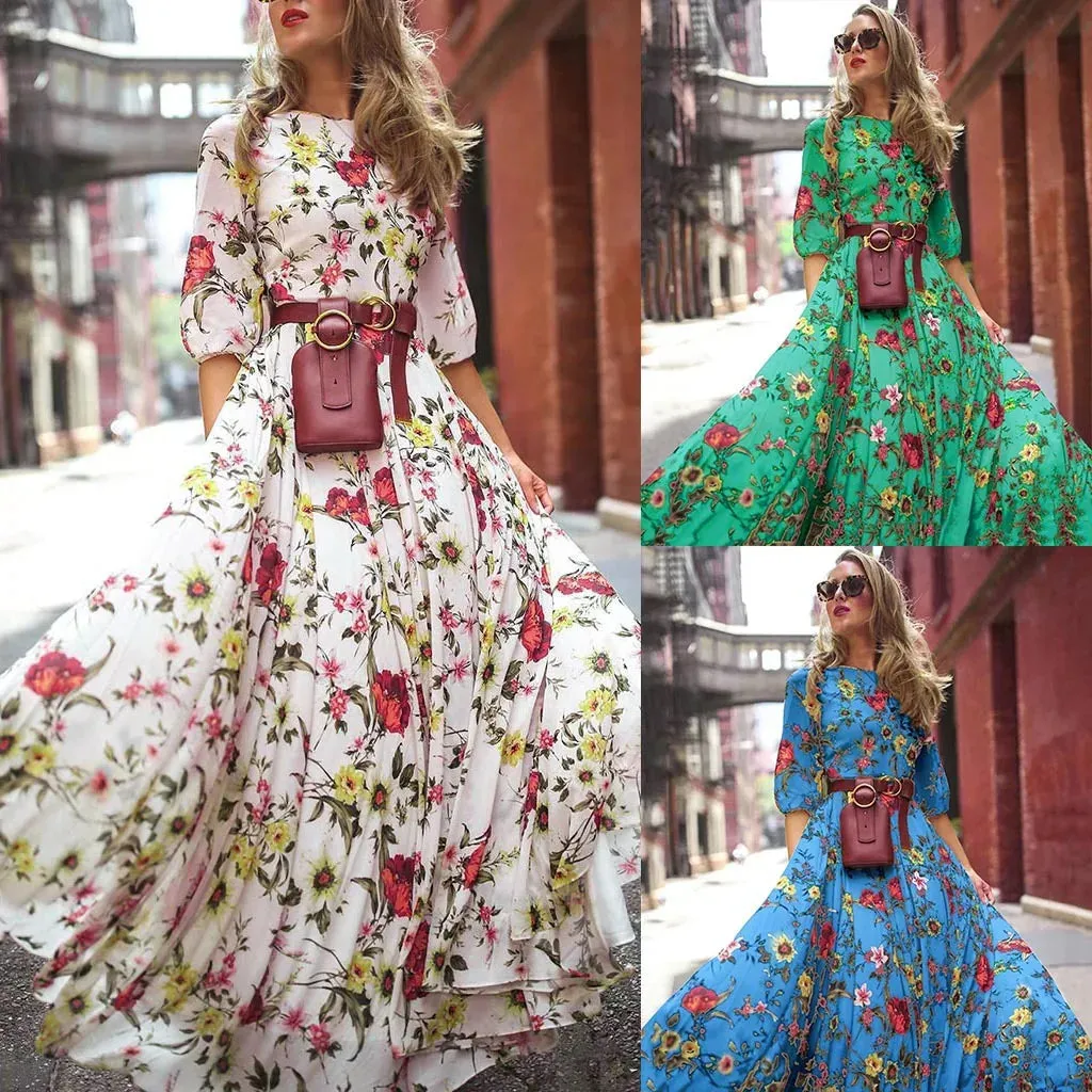 Spring Summer Vintage Flower Floral Print Maxi Dress Office Lady Fashion Elegant Long Sleeve O-neck Dresses For Women 2023