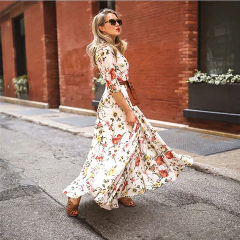 Spring Summer Vintage Flower Floral Print Maxi Dress Office Lady Fashion Elegant Long Sleeve O-neck Dresses For Women 2023