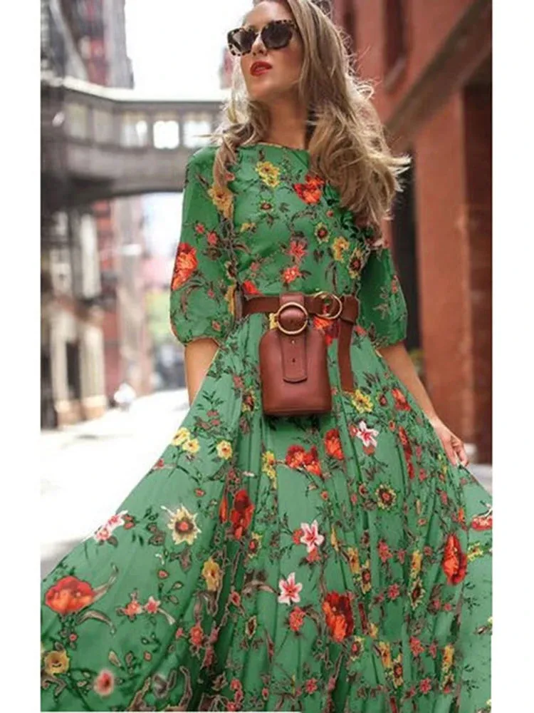 Spring Summer Vintage Flower Floral Print Maxi Dress Office Lady Fashion Elegant Long Sleeve O-neck Dresses For Women 2023