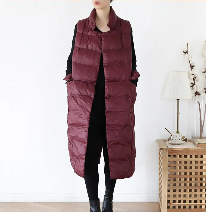 Stand Collar Puffer Coat Long Vest Winter Women Down Jacket 1008